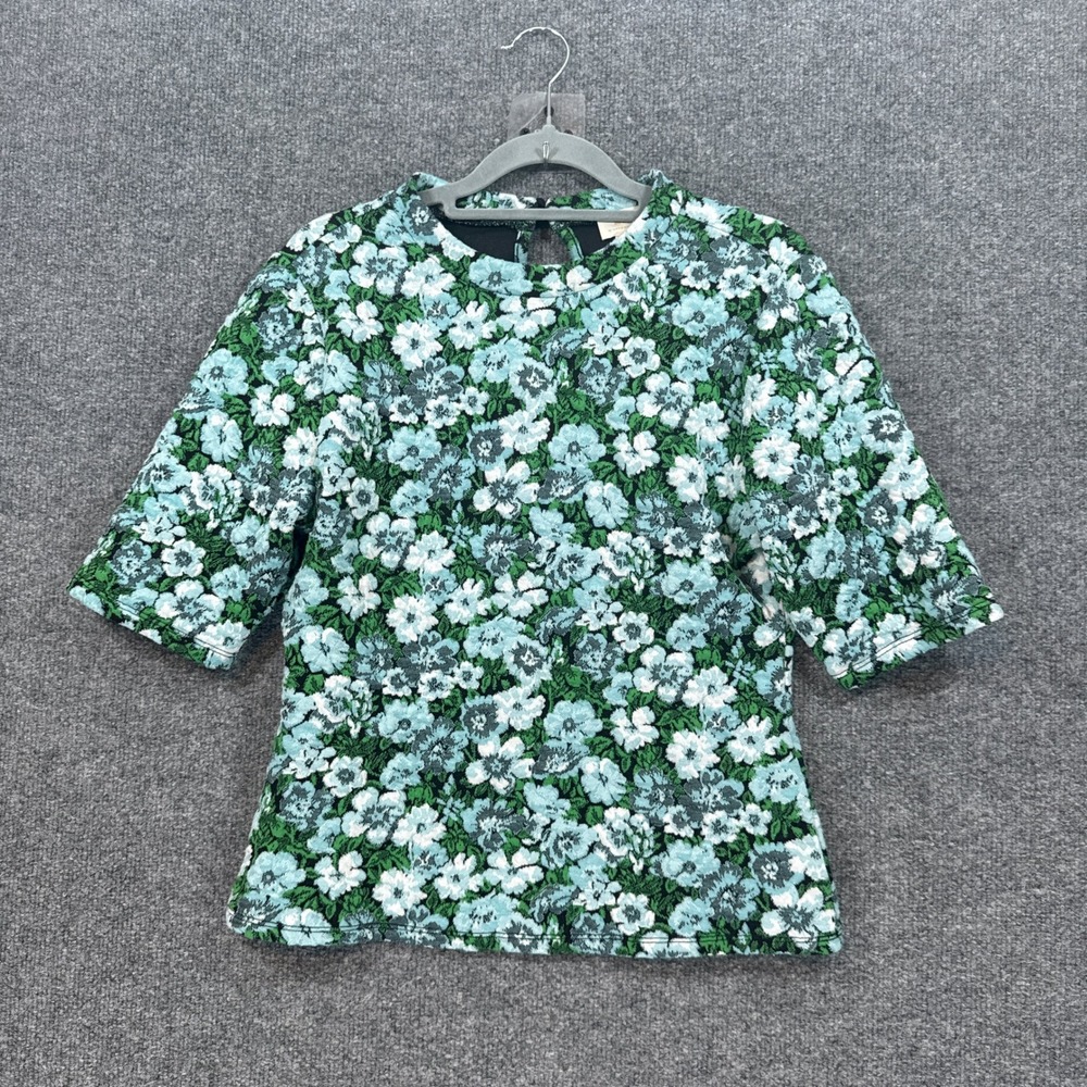 Maeve Top Womens Medium Blue Floral Jacquard Knit Short Sleeve Anthropologie